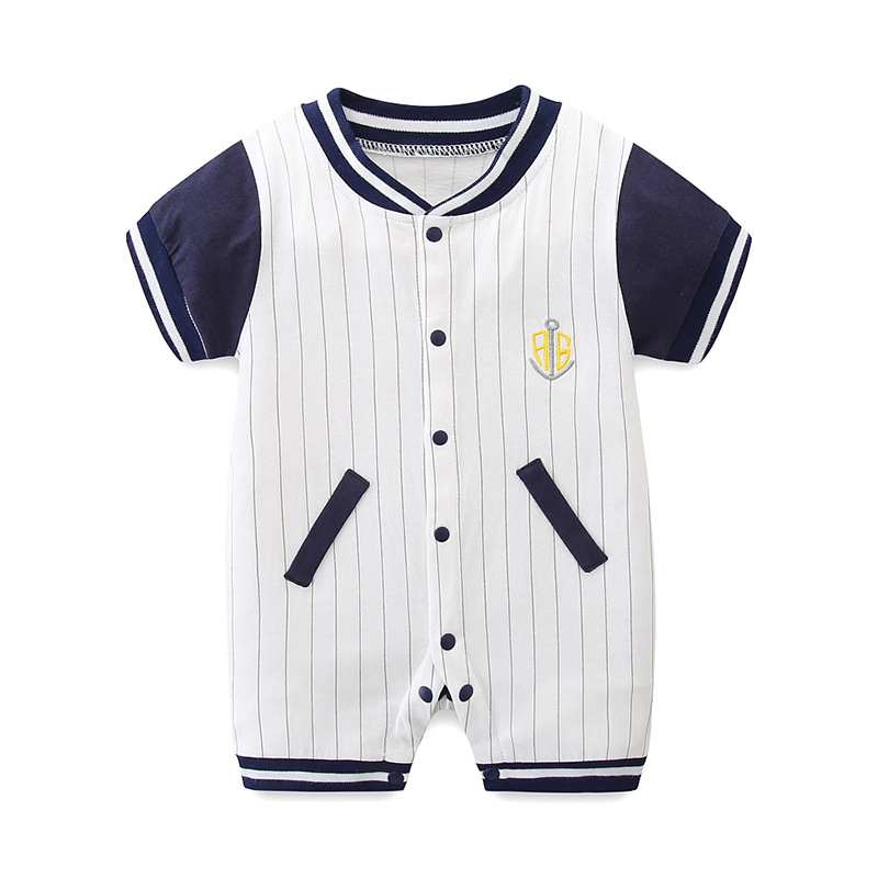 Bebé ropa de una sola pieza de algodón puro 100 días Bebé ropa de verano de los hombres de manga corta de moda guapo Delgado uniforme de béisbol mameluco