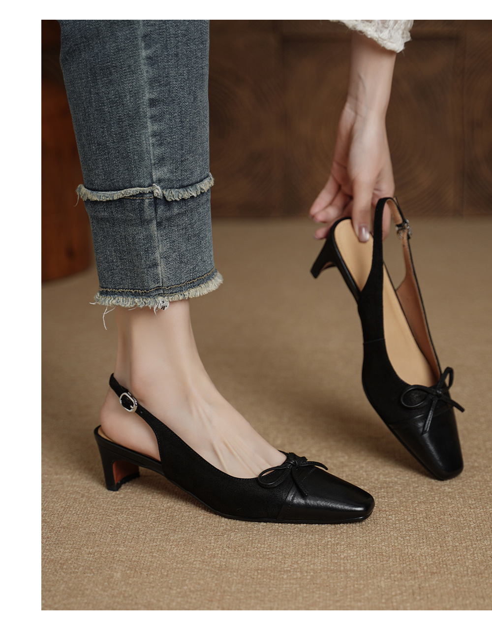 Sandal nữ da bò dệt gót 4.5 cm hở gót — màu nâu chi tiết 10