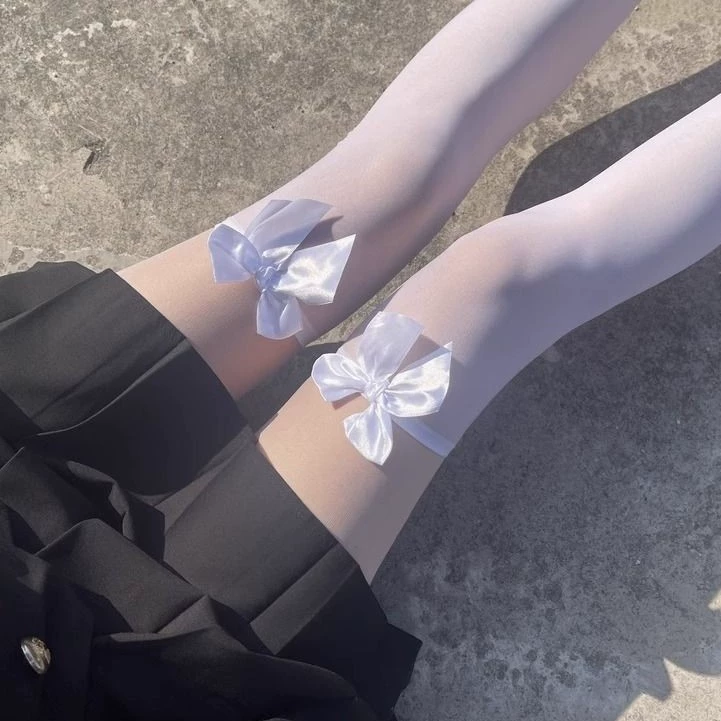 Lace Garter Strap with Bow, Sheer Thigh-High Tights, One Size, Multiple Patterns
