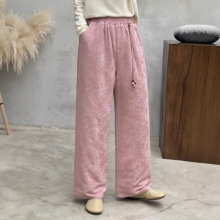 冬季新款夹棉复古高腰女士加厚宽松显瘦直筒棉裤休闲双层阔腿裤