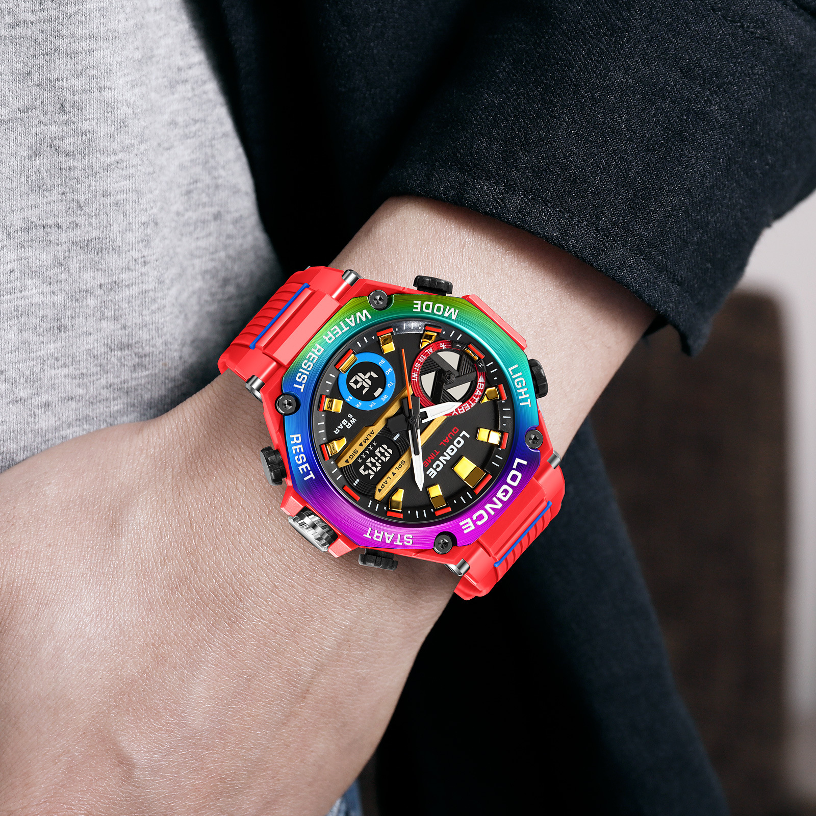 LOQNCE deportes colorido luminoso reloj electrónico impermeable reloj de estudiante multifuncional fresco octogonal Shell Cross-Border Watch