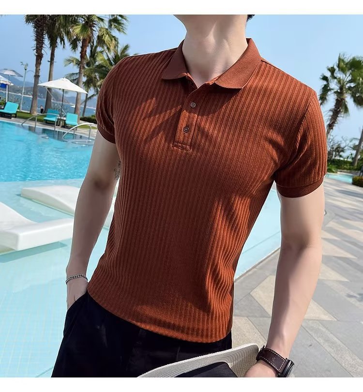Camicia in polp intrecciato a righe estive 2023 T-shirt in seta di ghiaccio Versatile tinta unita comoda manica corta - stampabile Tiktok_voghion.com