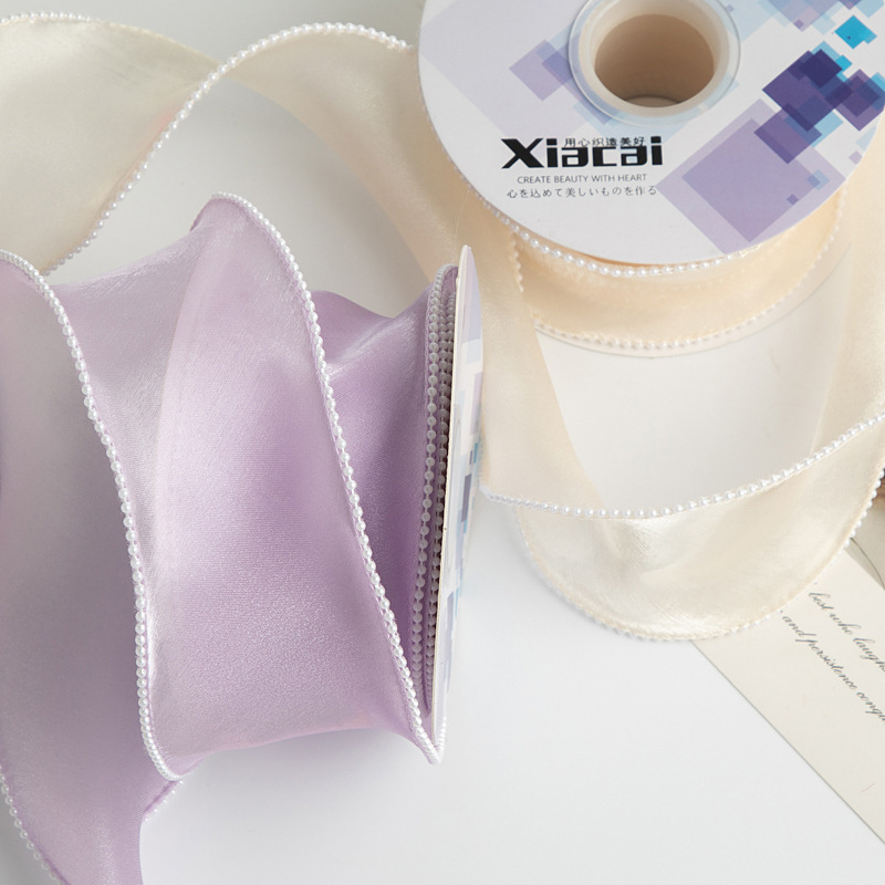 Factory in stock 6cm organza pearl ribbon gift handmade DIY hair accessories bow strap garment accessories