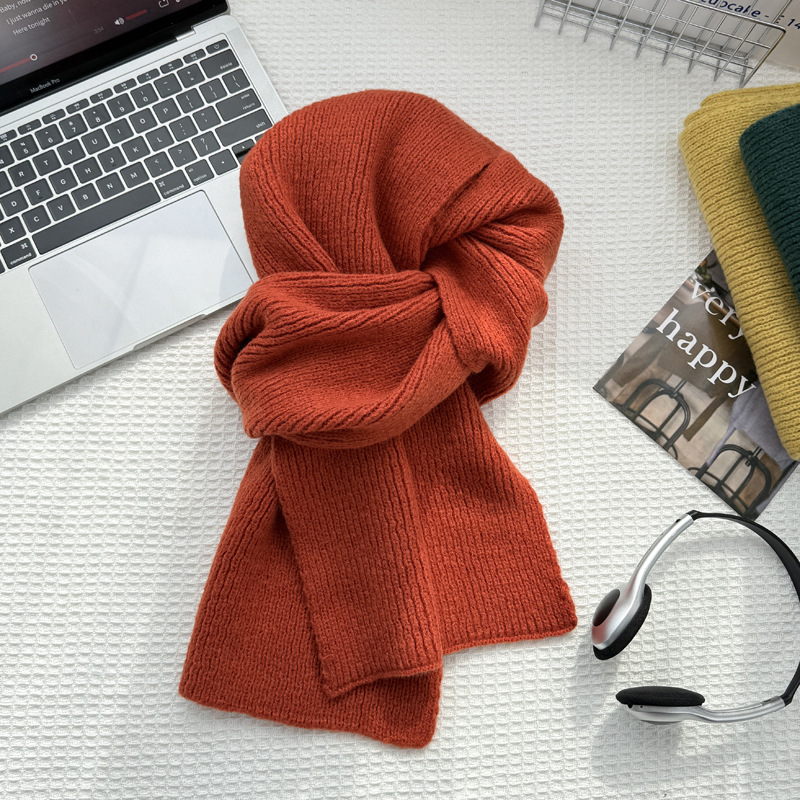 韩系氛围感纯色针织毛线围巾女秋冬季仿羊绒冬天保暖小围脖男批发