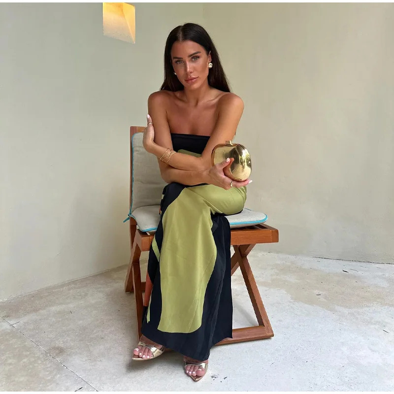 Polyester Fabric Type Mid Waist Waist Line Wholesale Women's Streetwear Contrast Binding Geometric Holiday Daily Beach Strapless Sleeveless Sheath Dress