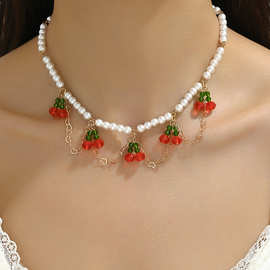欧美新款跨境饰品甜妹风爱心樱桃项链串珠小众仿珍珠项饰女
