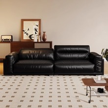 中古风黑曜石真皮沙发客厅复古直排黑色油蜡皮可调节羽绒沙发组合