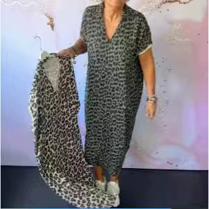2024 Amazon взрывные женские весенние и летние леопардовые платья с резьбой манжеты элегантные