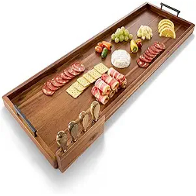 Wooden Cheese Board with Handle, Including Knife Drawer, Multifunctional Household Party Cold Dish Presentation and Storage Tray