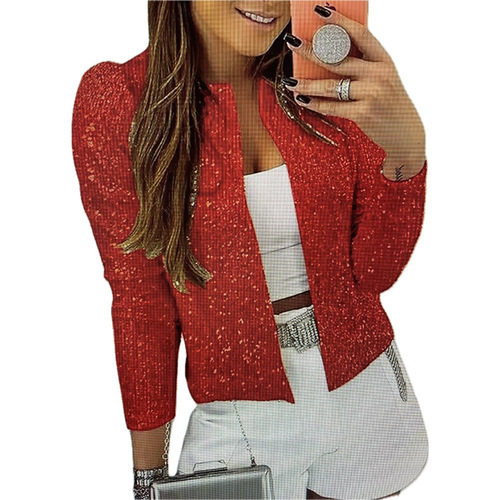Women's Spring European and American Round Neck Long Sleeve Solid Color Cardigan Casual Stylish Shimmer Jacket