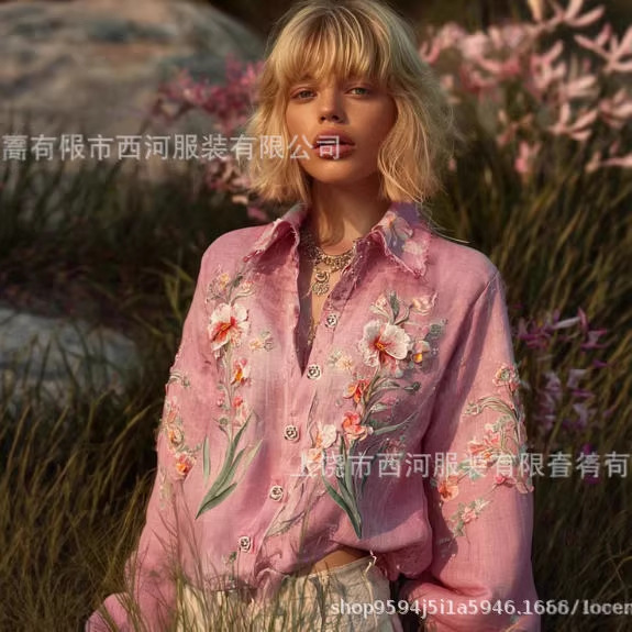 2026 Early Autumn New Cross-Border Simple Lapel 3D Digital Print Shirt Fashion Casual Women's Long-Sleeve Clothing 2026 Early Autumn New Cross-Border Simple Lapel 3D Digital Print Shirt Fashion Casual Women's Long-Sleeve Clothing