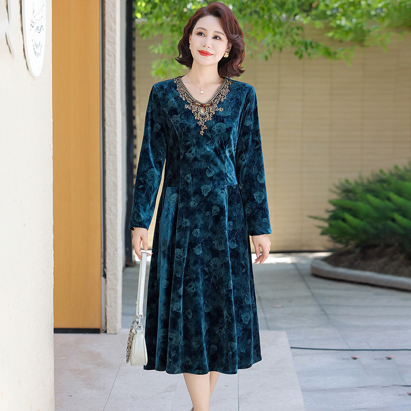 改良旗袍连衣裙女春秋新款妈妈装仿金丝绒连衣裙修身显瘦旗袍裙女|undefined