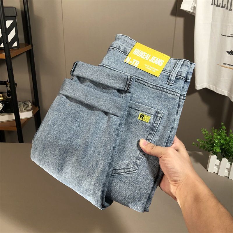 Jeans da uomo di colore chiaro slim fit alla moda, modello primavera e autunno, sottili, versione coreana, elastici, casual, versatili, con cuciture_voghion.com