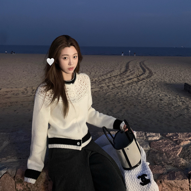 Eeone10.15/10:00Am Fair Isle Memories Full Wool Black and White Color Block Hollow Sweater Cardigan