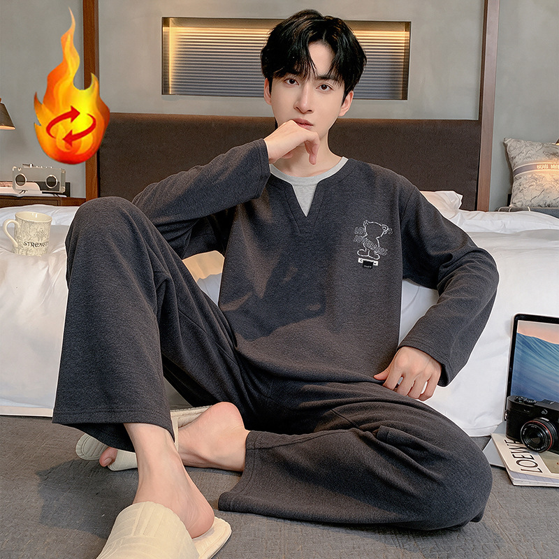 Men's pajamas for autumn and winter 2026, round-neck, fleece-lined, long-sleeved loungewear, simple, warm, and loose-fitting set, suitable for wearing outside Men's pajamas for autumn and winter 2026, round-neck, fleece-lined, long-sleeved loungewear, simple, warm, and loose-fitting set, suitable for wearing outside
