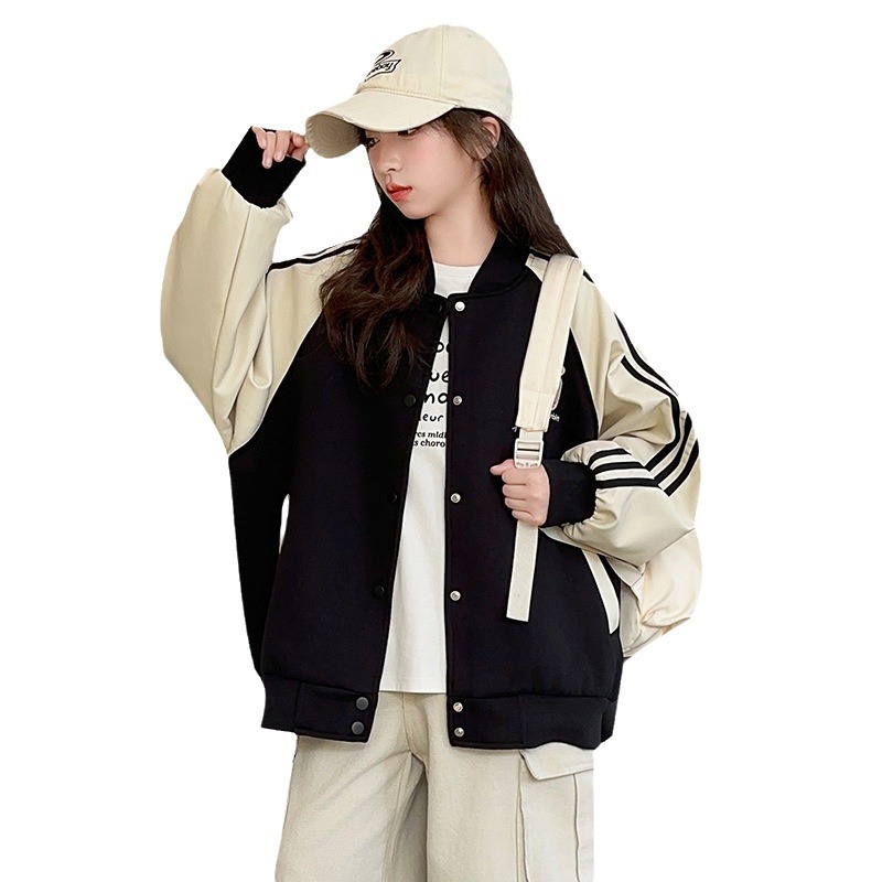 소녀의 코트 봄과 가을 2024 새로운 서양식 어린이 가죽 자수 야구 세트 소녀의 가을 재킷 탑