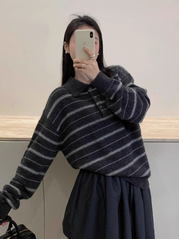 复古灰色条纹polo领毛衣女秋季老钱风穿搭慵懒宽松软糯针织衫上衣|undefined