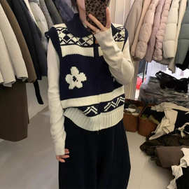 冬季上新polo领拉链复古图案显瘦时尚针织开衫马甲女洋气毛衣背心
