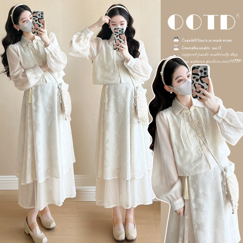 Pregnant women spring dress 2025 new Chinese cheongsam suspenders skirt suit early spring and autumn small spring and summer
