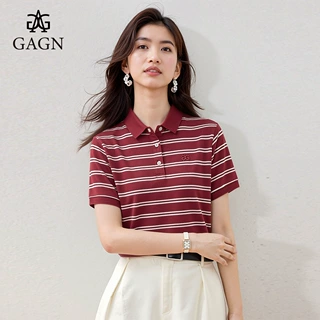 GAGN一件代发夏季时尚百搭polo领条纹短袖T恤女胖mm宽松显瘦纯棉