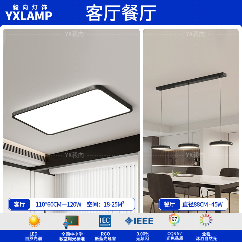 Luz de techo, lámpara de sala de estar, lámpara principal de espectro completo, protección de ojos, lámpara de dormitorio moderna simple sin hendiduras, lámpara negra Zhongshan