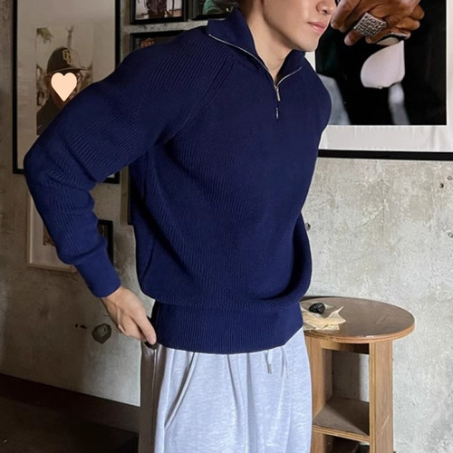 Men's High-Neck Zipper Knit Shirt, American Retro Loose Drop Shoulder Long Sleeve Top, Leisure Style Hooded Sweater Coat