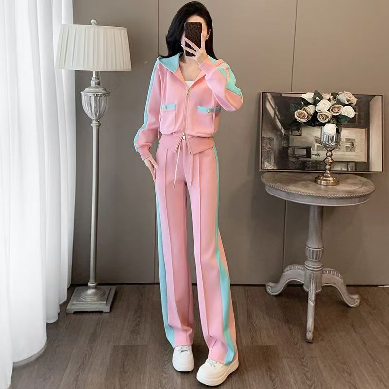 秋季休闲运动套装女2025新款洋气粉色减龄连帽撞色直筒裤两件套潮|undefined