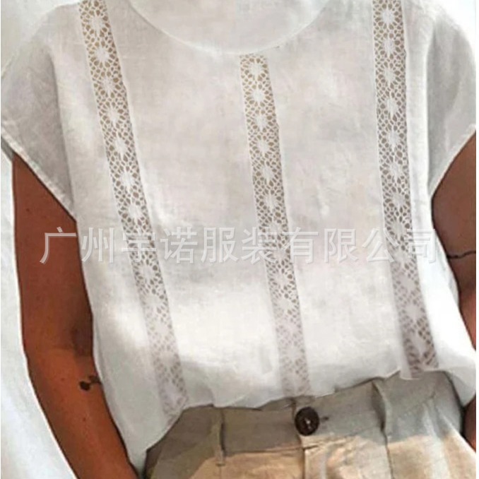 亚马逊wish速卖通2023新款欧美女式棉麻蕾丝花边拼接休闲衬衫