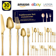 跨境锤纹小蛮腰不锈钢牛排刀叉勺子30件套 创意西式叉勺餐具套装