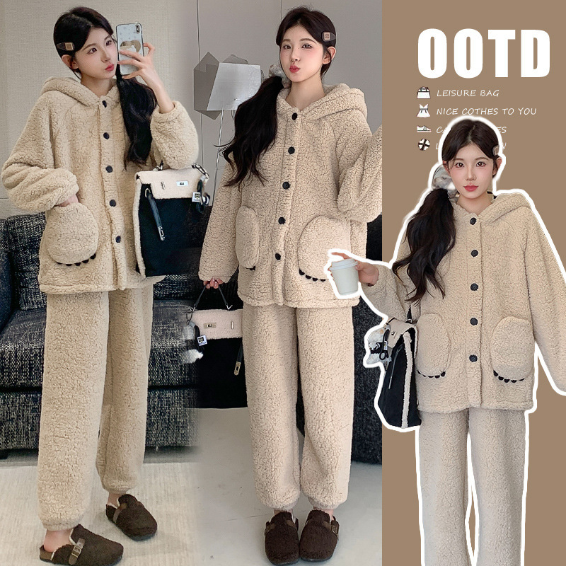 Pregnant Women's Autumn and Winter Cashmere Hooded Suit during Pregnancy, Loose, Slimming Look, Cute, Age-Reducing, Warm, Two-Piece Set for Home and Outing