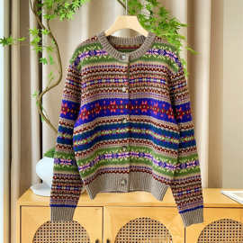 美式R复古提花费尔岛毛衣秋冬纯羊毛圆领长袖针织开衫外套女上衣