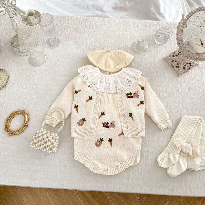 INS Super Cute Baby Knitted Ha Clothes suit Cute Radish Rabbit Knitted Bag Fat Clothes Sweater Cardigan Two-Piece Set