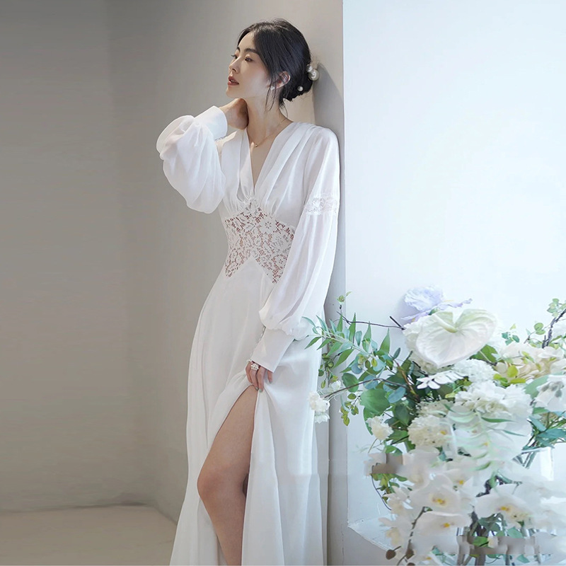 French-style light wedding dress morning gown bride backless welcome dress small tail simple long sleeve outdoor yarn elegant dress