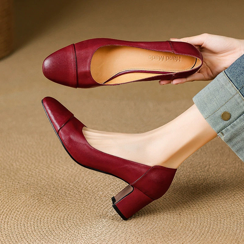 Женские туфли-лодочки из натуральной кожи, французский стиль ретро, массивные, на высоком каблуке, универсальные, для работы, новые, черный, красный, абрикосовый цвет