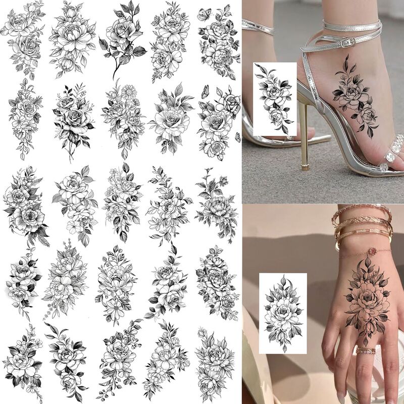 Amazon Artificial Rose Temporary Tattoo Stickers for the Back of the Hand, Cross-Border Long-Lasting Tattoo Stickers, Temu European and American Tattoo