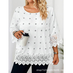 [Solid Lace Trim Blouse] 3/4 Sleeve Solid Contrast Lace