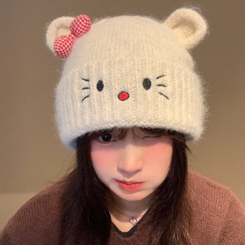 Cute Cat Knitted Wool Hat for Women, Autumn/Winter Warm and Cold-Proof, Versatile Large Circumference, Makes Face Look Smaller, Ear-Protecting, Capsular Hat
