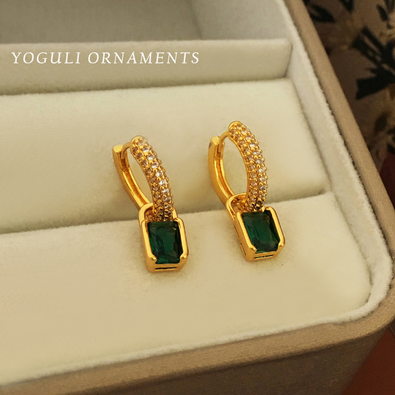 Copper retro green geometric earrings with zircon