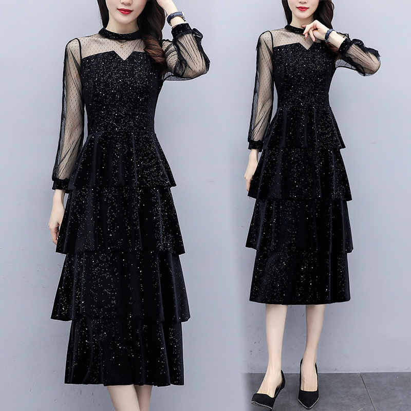 Women's Skirt 2023 Spring and Autumn New Fashion Internet Red Skirt High Cold Goddess Style Elegant Velvet Sequin Cake dress