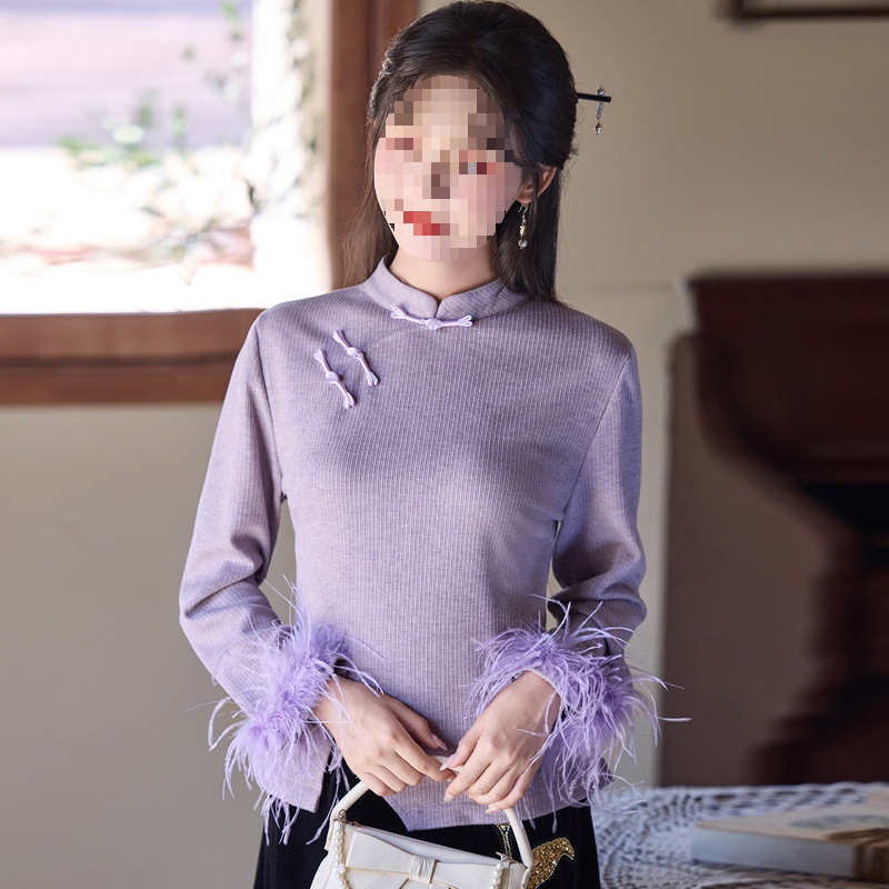 配国风马甲的打底衫内搭t恤秋冬旗袍长袖年轻版新中式盘扣上衣女