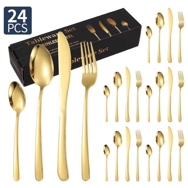 Spoon Juego de vajilla de acero inoxidable transfronterizo al por mayor de 24 piezas para el hogar elegante comida occidental Cuchillo, tenedor, cuchara, necesidades diarias