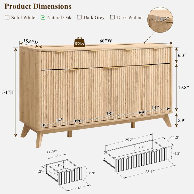 Large Buffet Sideboard with Storage Function Groove Modern Buffet Dining Table Coffee Bar Wine Cabinet with 3 Drawers