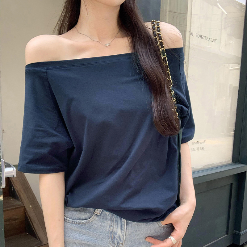 スターの同じタイプの斜め肩の半袖の女性の肩のtシャツの夏の純粋な欲のギャルのゆったりしている黒色の1字の肩の上着