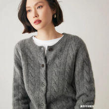 鄂尔多斯市正品山羊绒圆领开衫女毛衣外套三股加厚保暖外搭针织衫