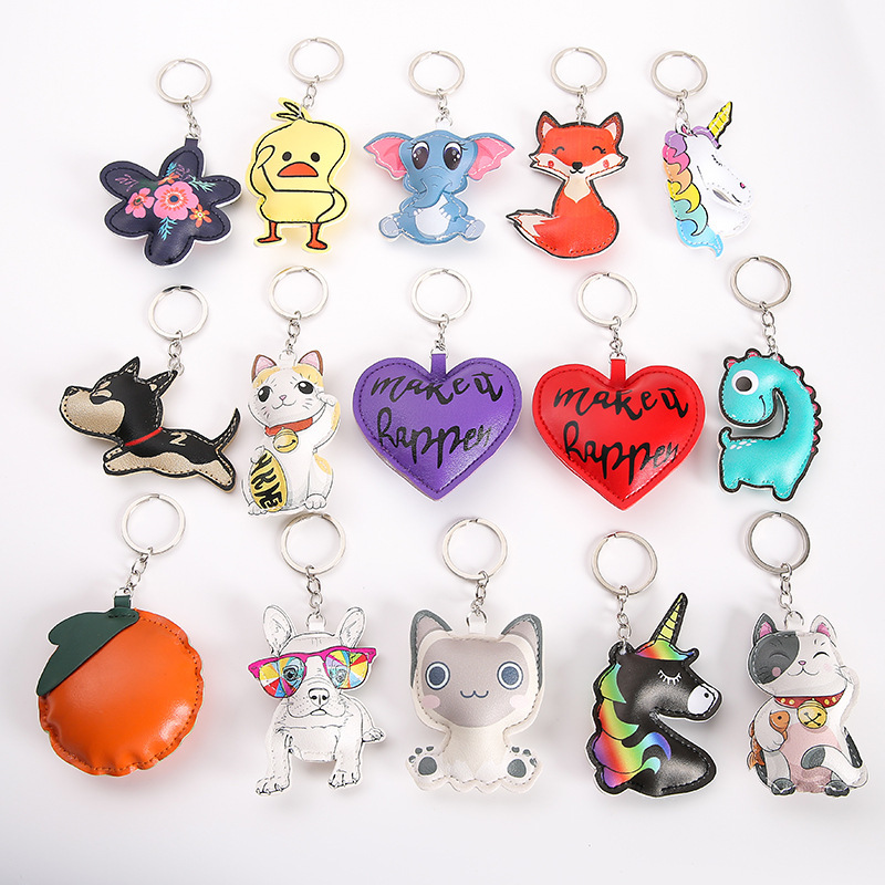 Pu Cotton-Filled Cat Statue Heart Puppy Dinosaur Lucky Cat Fox Fruit Animal Leather Keychain Pendant