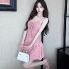 Low cut floral lace up design with irregular pleats and wooden ear edge suspender dress