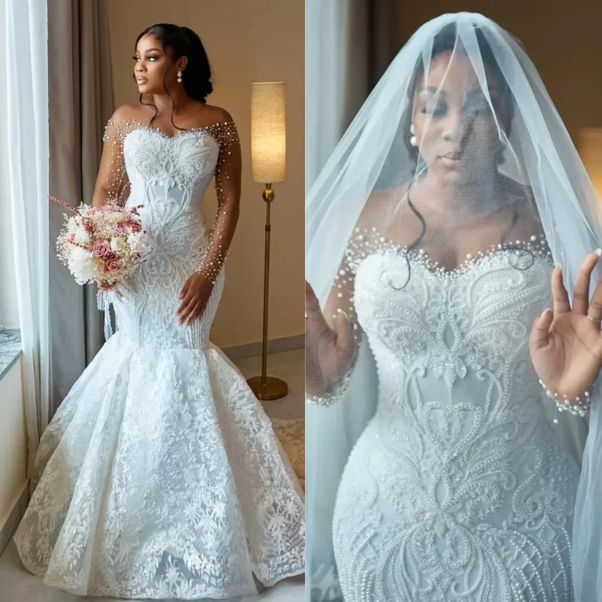 Aliexpress New Long Sleeve Wedding Dress African Cross Border Luxury Mermaid Bridal Dress Lace Plus Size Main Wedding Dress for Women