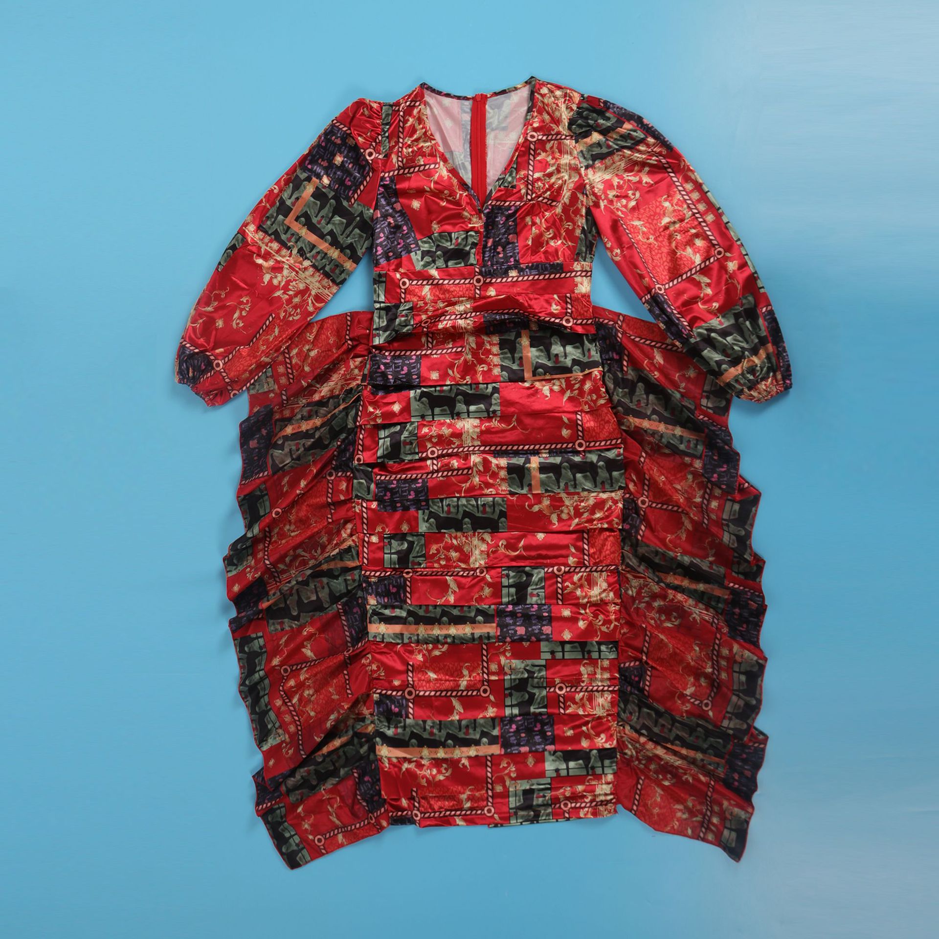 Women's Clothing Sexy Printed Ruffled Lantern Sleeve Hip Hugging Slim Fit Long Sleeve Dress_voghion.com