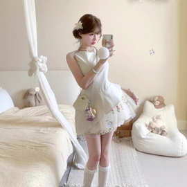 法式甜美时尚气质不规则蕾丝拼接背心连衣裙女夏季收腰蓬蓬短裙子