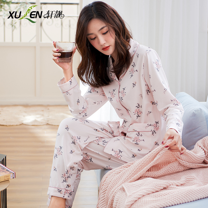 Pijamas de las mujeres primavera y otoño primavera manga larga 100% algodón Delgado homewear más tamaño suelto traje de mamá de mediana edad